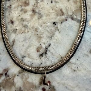 Layered Silver Chain and Black Leather Cord with L Initial Choker by Express